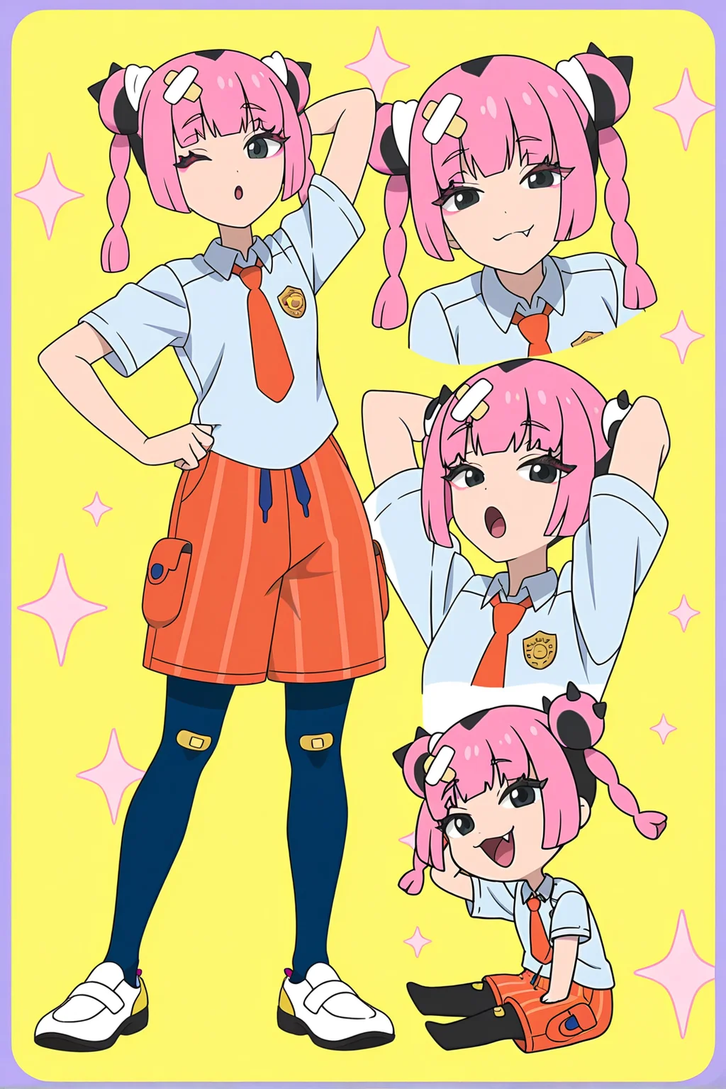 anime screencap, pokemon, pokemon horizons, coralmv, 1girl, long hair, looking at viewer, smile, open mouth, shirt, shorts, hair ornament, closed mouth, sitting, twin braids, standing, black eyes, pink hair, one eye closed, short sleeves, tongue, pantyhose, blue pantyhose, fang, hand up, black pantyhose, chibi, :o, arms up, naranja academy school uniform, grey eyes, school uniform, eyelashes, hand on own hip, double bun, multiple views, collared shirt, v, sparkle, makeup, border, bandaid, arms behind head, orange necktie, eyeshadow, yellow background, smug, orange shorts, crossed bandaids, vertical-striped shorts, pink eyeshadow, bandaid hair ornament, black hair, full body, multicolored hair, two-tone hair, coral \(pokemon\)
<lora:Coral_2outf:1>
