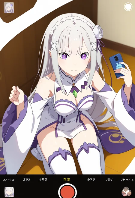 score_9, score_8_up, score_7_up, source_anime,
BREAK
<lora:shiCamViewPortV3:1.2>, shiiphoneview, fake phone screenshot,
1girl, solo,
<lora:shiEmiliaV2:1> shimilia, long hair, grey hair, purple eyes, pointy ears, crown braid, hair flower, hair ribbon, purple ribbon, x hair ornament, white dress, cleavage, bare shoulders, wide sleeves, white thighhighs, thigh boots,
looking at viewer, selfie, smile, kneeling,