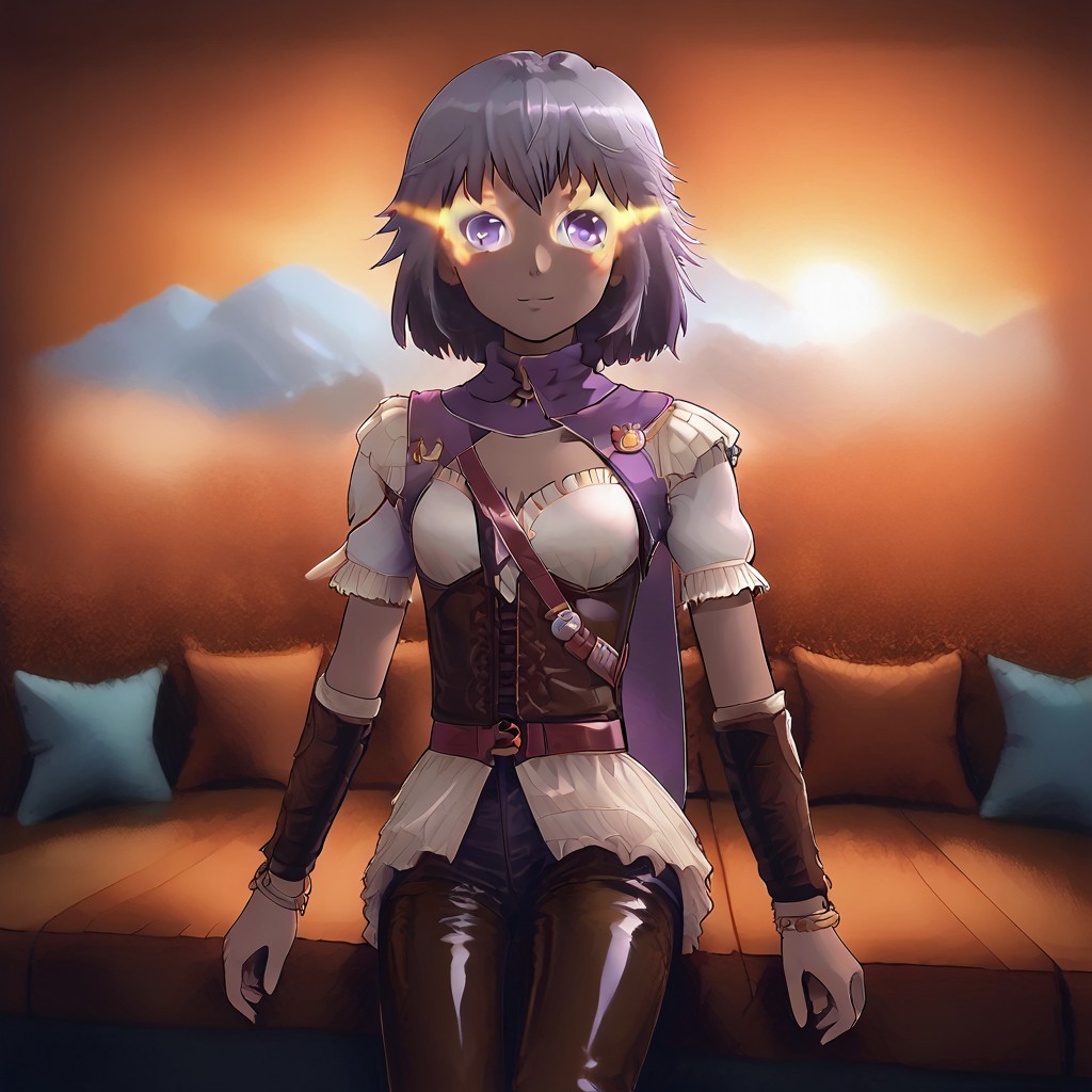 Latex, living room, window, score_9, score_8_up, score_7_up, rating_safe, woman duo, sitting, hugging, sunset background, detailed lighting, fully dressed, (latex clothes:2) hamafugustyle, (mgrchozumishizuku, purple hair, purple eyes, purple scarf with bow, purple jacket, white sweater, red belt, purple jeans, brown arm guards), BREAK, (4mb3r,  brown hair, short hair, brown eyes, dark skinned female, bracelet, jewelry, armor, shoulder armor, pants, boots, brown sweater, glowing eyes).