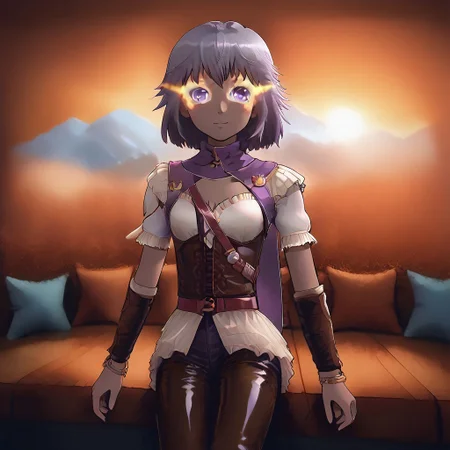 Latex, living room, window, score_9, score_8_up, score_7_up, rating_safe, woman duo, sitting, hugging, sunset background, detailed lighting, fully dressed, (latex clothes:2) hamafugustyle, (mgrchozumishizuku, purple hair, purple eyes, purple scarf with bow, purple jacket, white sweater, red belt, purple jeans, brown arm guards), BREAK, (4mb3r,  brown hair, short hair, brown eyes, dark skinned female, bracelet, jewelry, armor, shoulder armor, pants, boots, brown sweater, glowing eyes).