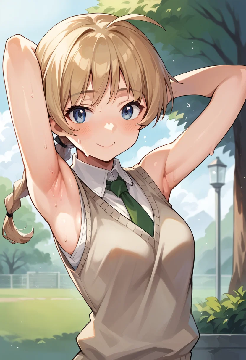score_9, score_8_up, score_7_up, source_anime, 1girl, masterpiece, ctianly, sweater vest, armpits, sweat, smile, looking at viewer, outdoors, green necktie, <lora:LynetteBishop_PONY_ct:0.8>