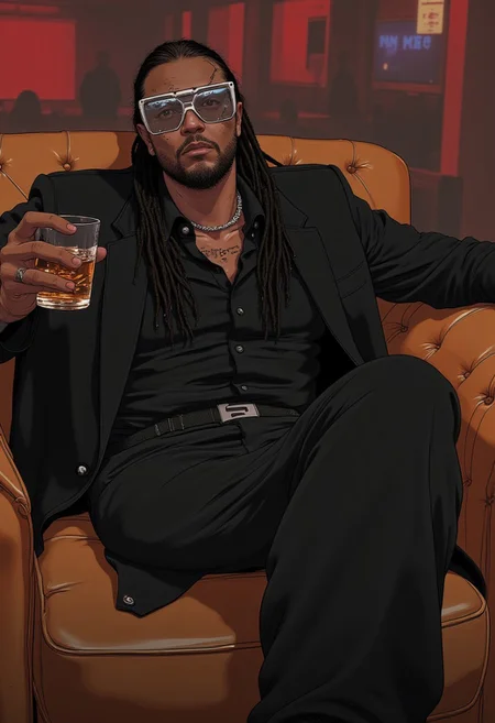 An (full body shot) of a 26 year old African american man. He has long black hair in dread locks.  He has silver square frame sunglasses on. He has a short beard. He has a black suit jacket with a with button up shirt underneath. He has a simple silver chain. He has black dress pants and brown shoes. 
Sitting on a large couch in the VIP section of a club. A glass cup of alcohol in his hand. He sits back with his arms on the back of the couch looking at the viewer. 
(There is a scar on his left eye from battle)
4k, detailed, detailed face,