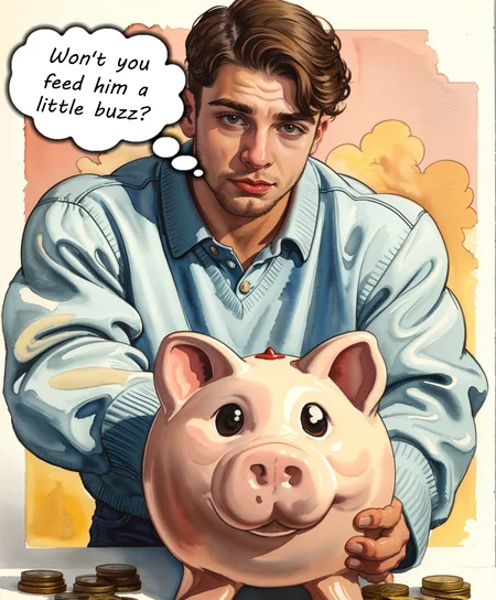 <lora:AngelTest:0.8>, illustration, posterized art, gouache style, watercolor scene, a young man, piggy bank, looking at viewer, begging