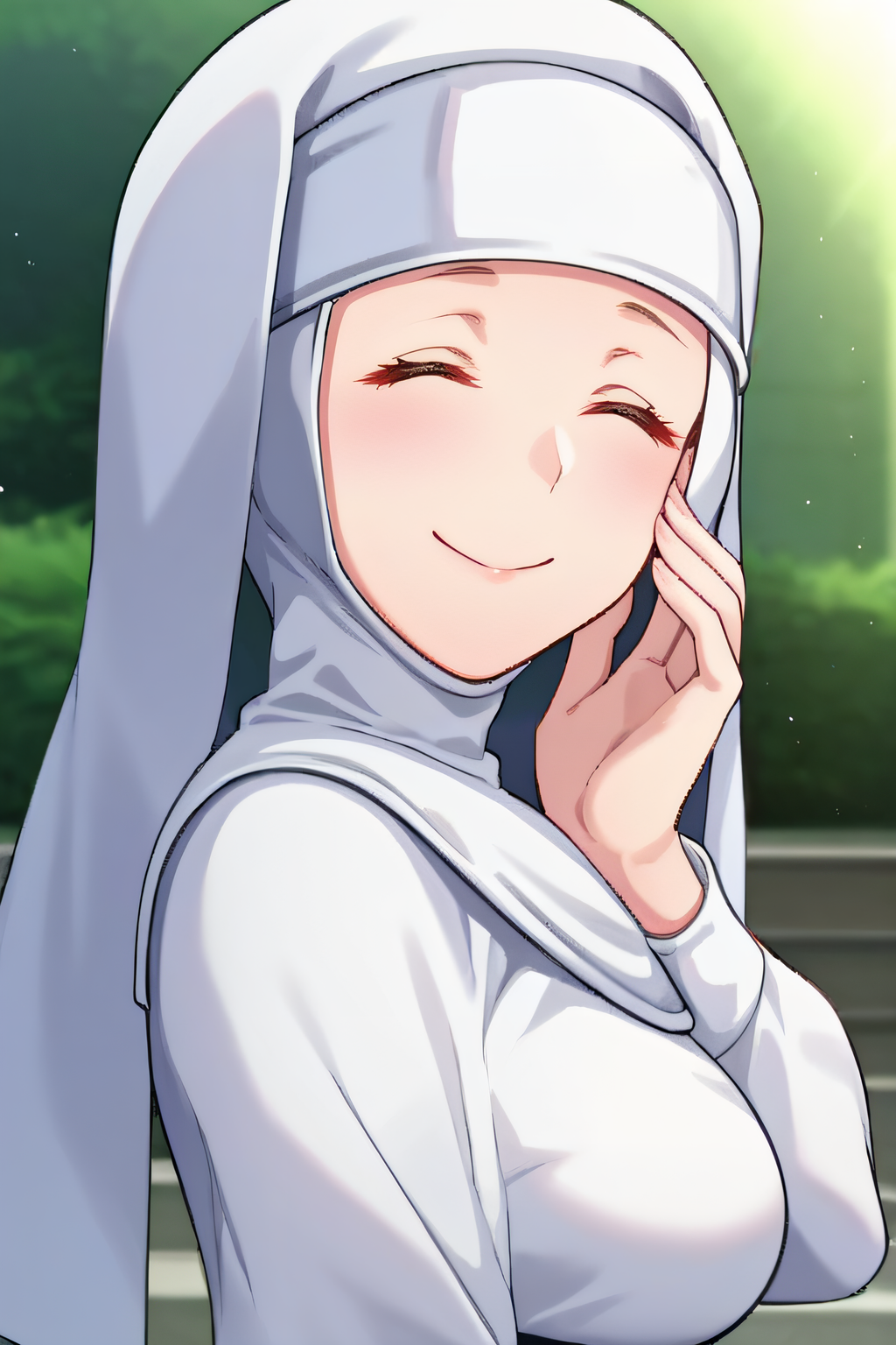 score_9, score_8_up, score_7_up, source_anime, rating_safe, intricate details, anime screencap, official style, <lora:Elouise_Sussex:1>, elouise, closed eyes, nun, habit, white dress, white sleeves, taut dress, large breasts, smile, looking at viewer, outdoor, naughty face, hand on face, standing, ass, side view, cowboy shot