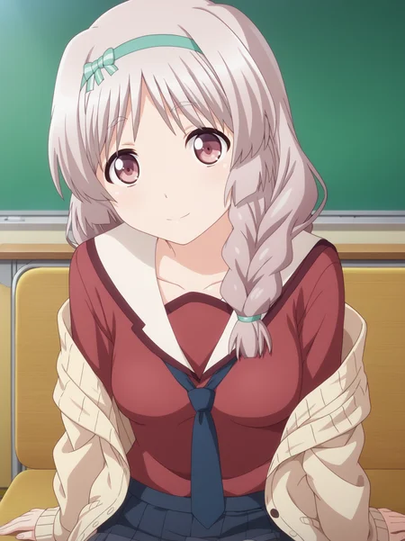 <lora:KushikawaHatokoPony:1>, kushikawahatoko, 1girl, red shirt, cardigan, looking at viewer, sitting
