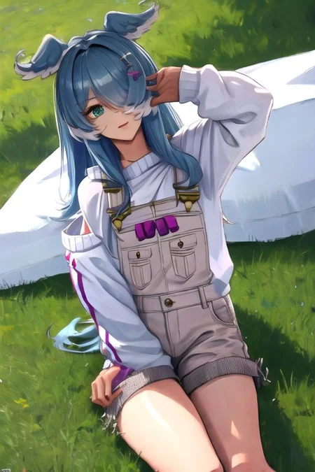solo, 1girl, solo_focus, (((masterpiece))), ((best quality)), ((ultra-detailed)), high resolution, absurdres, highres, ultra-detailed 8k unity wallpaper,
elira1st, long sleeves, overalls, white sweater, off shoulder, grey gloves, one eye covered, overall shorts