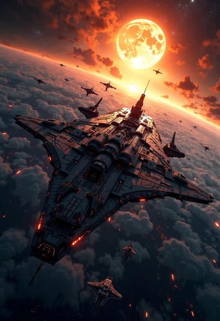 best quality, masterpiece, large capital spaceship, a supermassive dull sun in the background, cinematic, dynamic photorealistic image, High Definition HD, High Detail, Perfect Composition