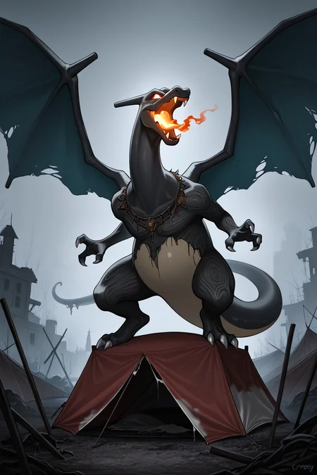 masterpiece, best quality,   <lora:CharizardPokedexIXL:1.0>,   no humans, solo, dynamic pose,  Charizard wearing tattered carnival clothing, eerie makeup, ghostly figure, creaky ride, foggy atmosphere, abandoned tent, unsettling clown, haunted attraction