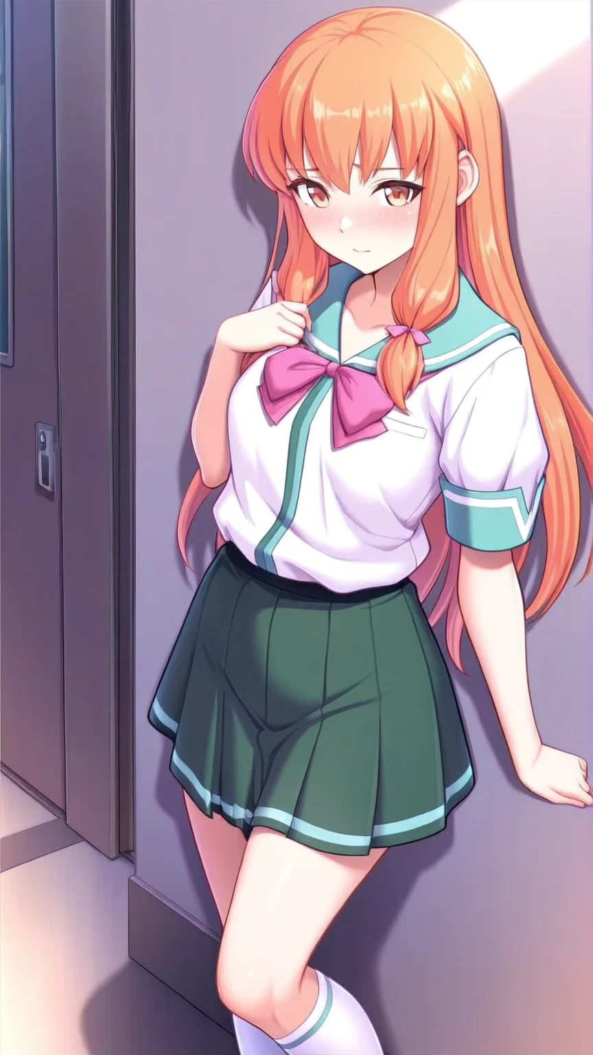 amazing quality,absurdres,best quality,masterpiece,highres,newest,detailed,detailed body,detailed face,masterpiece,best quality,solo,
æ£®äºæ¸
è±,1girl,socks,school uniform,long hair skirt,bow,orange hair,kneehighs,shirt,<lora:æ£®äºæ¸
è±:0.8>,