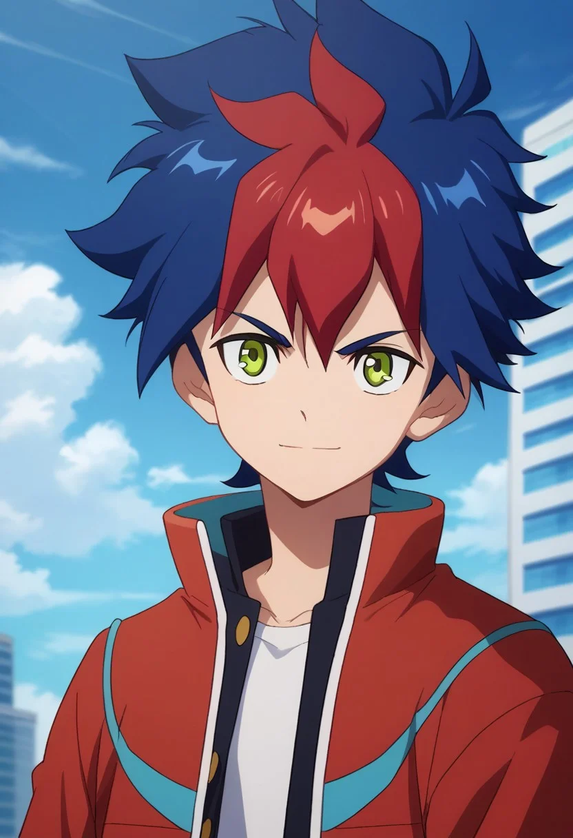 score_9, score_8_up, score_7_up, source_anime, highly detailed, 
Tenryu, 1boy, male focus, green eyes, blue hair, solo, multicolored hair, smile, determined, red hair, jacket,
two-tone hair, upper body,
outdoor, sky, building, day, clouds,