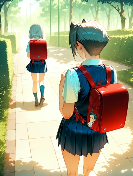 masterpiece, best quality, absurdres, amazing quality <lora:cfg_scale_boost:0.3> <lora:StS-Illustrious-Detail-Slider-v1.0:3> <lora:StS_Age_Slider_Illustrious_v1:3>,detailed_background,outdoors,from behind,ace attorney,bag,niian,school uniform,miles edgeworth,aged down,male focus,backpack,1boy