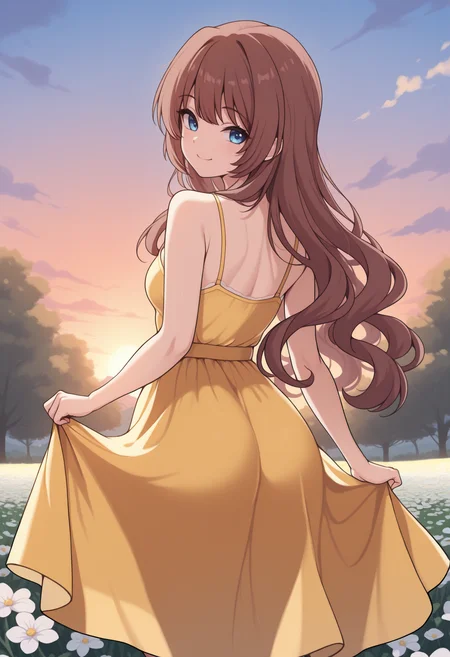 masterpiece, best quality, newest, from behind, solo, 1girl, smile, looking back, skirt hold, long hair, brown hair, wavy hair, blue eyes, yellow sundress, spaghetti strap, bare shoulders, outdoors, sunset, cloud, flower field, tree
<segment:yolo-Anzhc Face seg 640 v3 y11n.pt,0.4,1//cid=11>