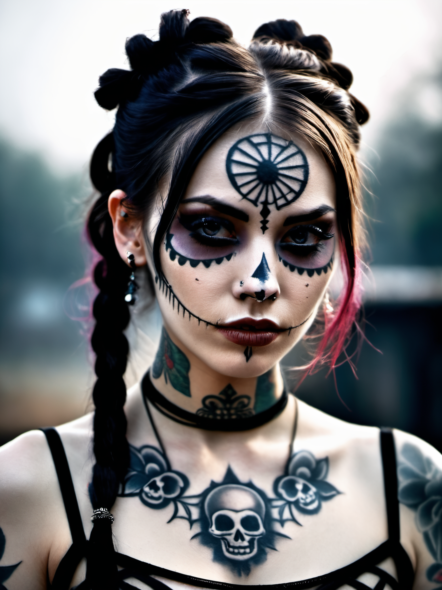 1 girl,solo,(pale skin:1.3),face tattoos,tattoos,body tattoos,demonic symbols,dusty background,fog,Black background,pigtails,skull girl,day of the dead,, Ultra-HD-details, true to life, HDR image,High detail resolution,soft eyes,natural skin,high detailed face,high detailed cloth,film photography,vintage,cinematic lighting,realistic,sharp focus,(very detailed),((4K HQ)),depth of field,f/1.2,Leica,8K HDR,High contrast,shadows, bokeh,(detailed and realistic skin texture),(detailed clothing),(detailed background),detailed skin,(highly detailed skin),(8K HDR photo),realistic texture,realistic shadows,accurate to life,living image,lifelike