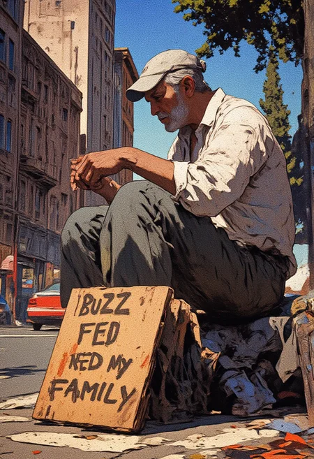 4k quality, (Perfect hand), anime, (masterpiece), (detailed face), detailed
A man with short, homeless man sitting on the curb in downtown Los Angeles. He is holding a sign on a piece of cardboard that says "Buzz to feed my family" in English text.