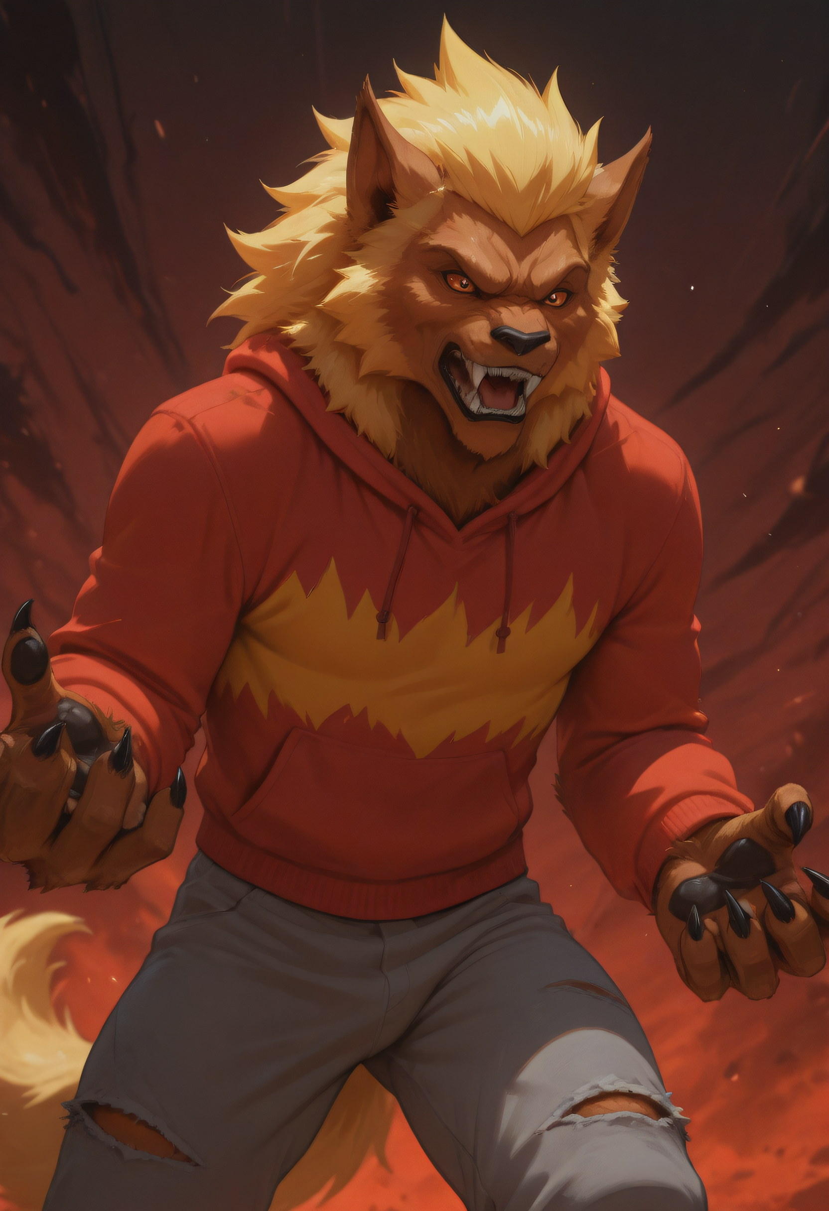 1boy, mmystery_illustrious, furry male, werewolf martin, werewolf, fangs, claws, paw, snout, blonde hair, red yellow hoodie, torn clothes, dynamic angle.
