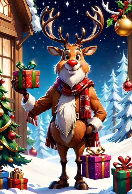 digital art, 8K, HDR, RGB, Ultra HD, close-up,
cartoon style, full-length cartoon character Rudolph, a red-nosed reindeer, wears a scarf, and Christmas balls hang on his antlers, stands with a Christmas gift,
bright rich colors, clipart, golden ratio, storybook illustration, blur, fantasy, digital art,
scene in the style of Jamie Wyeth James Gillard Edward Hopper Greg Rutkowski Studio Ghibli Genshin Impact
