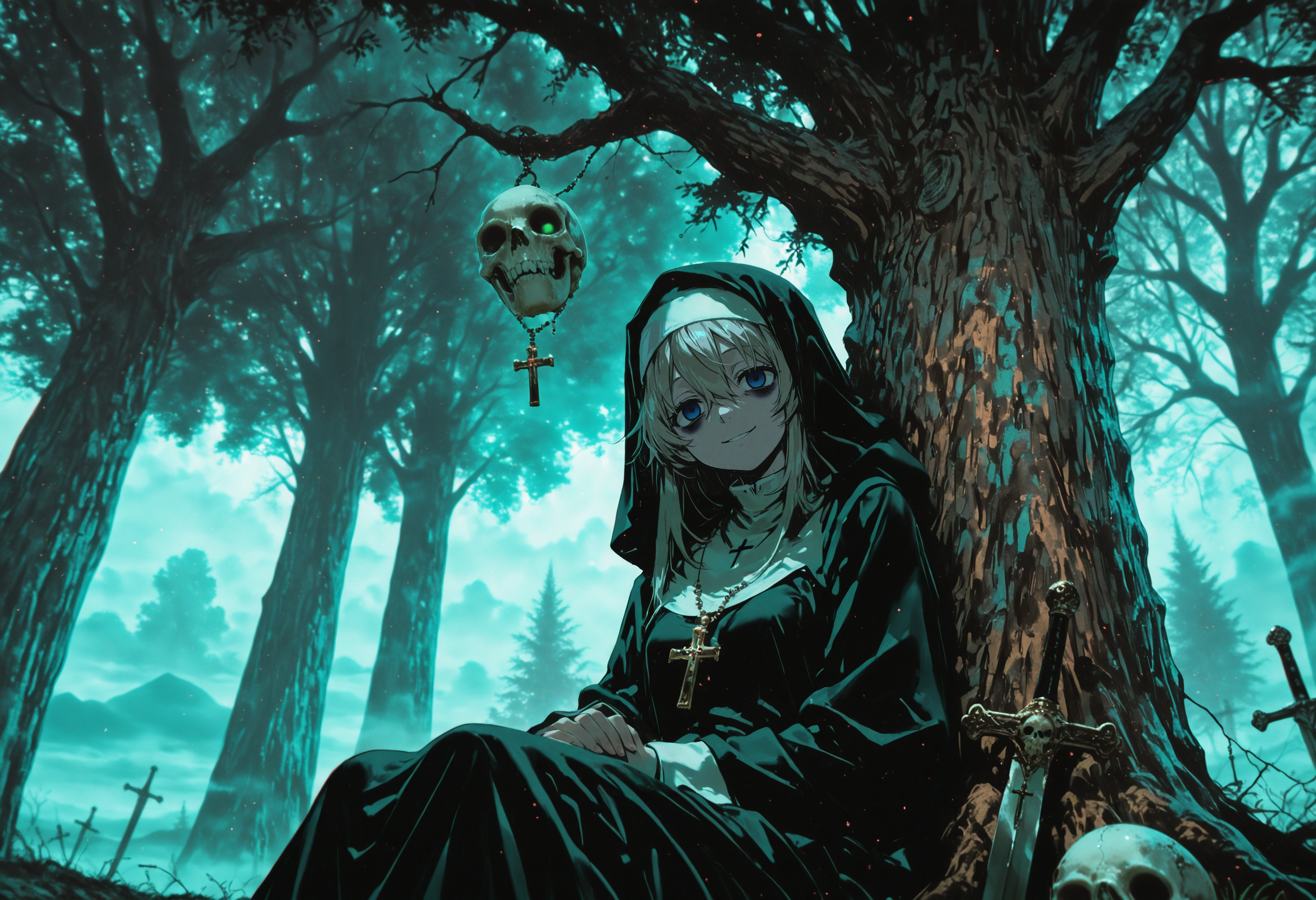 smooth quality, panorama, horizon, masterpiece, best quality, good quality, newest, highres, absurdres, 8k, painterly, bright colors, creative angle, dark lighting, fog, big tree, giant tree, large tree, close-up, skull, skull hanging on tree,  1girl, nun, hooded cloak, smile, empty eyes, bags under eyes, green eyes, rosary, own hands together, sword,  sitting, against tree, looking at viewer, (chromatic aberration:1.2), (distortion effect:0.7) <lora:add-detail-xl:2> <lora:Creative-Angle_v2_NAIXL:0.8>
