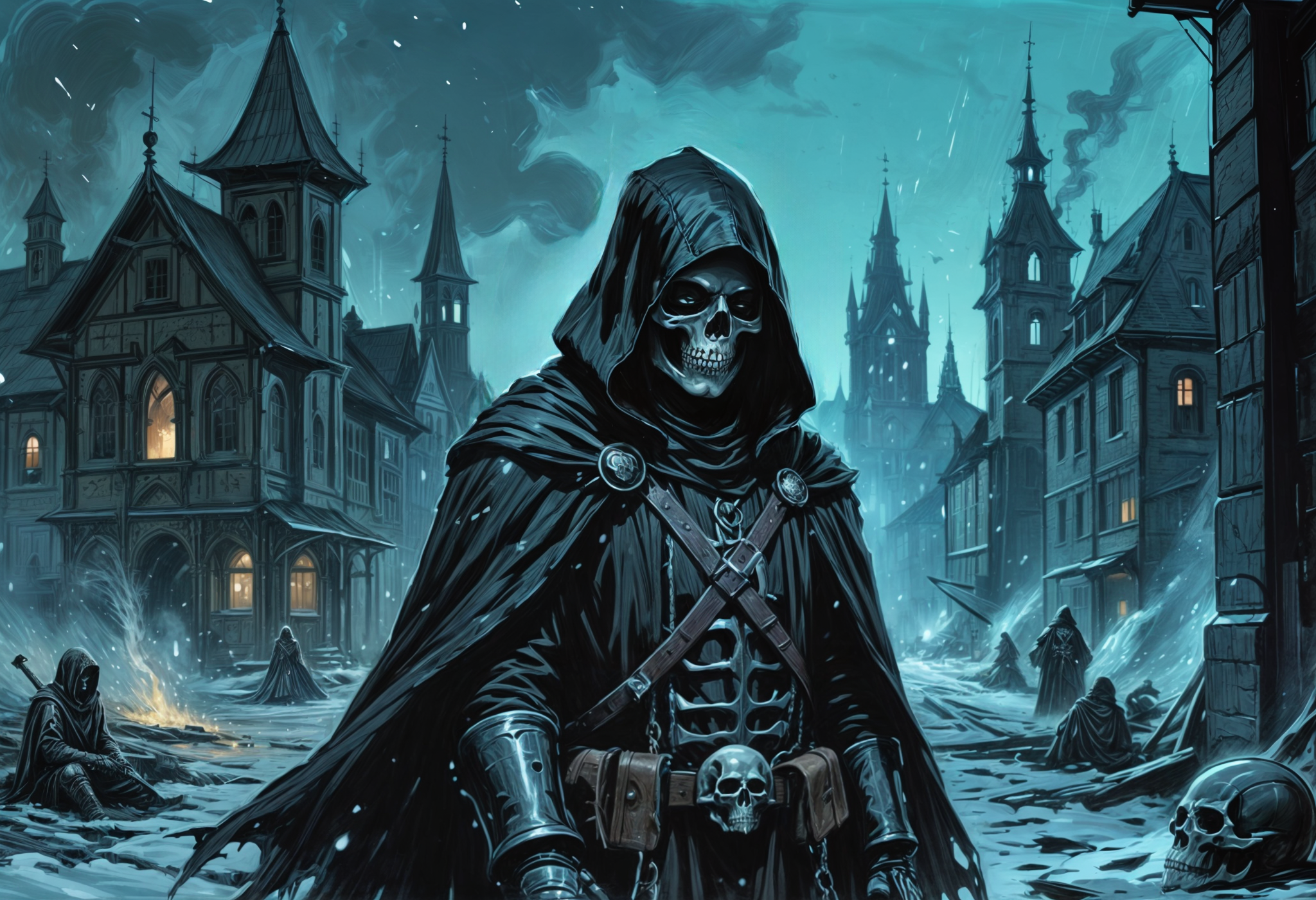 Charcoal and chalk drawings. Exquisitely detailed dark fantasy style illustration depicts Death, robot dark lighting hacker hood, night city cyber, night city, background fire gloves blue flame fire, background in the style of Anders Zorn, Alexi Briclot, Luis Royo