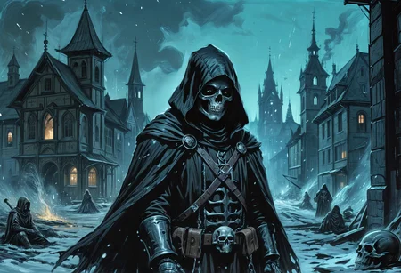 Charcoal and chalk drawings. Exquisitely detailed dark fantasy style illustration depicts Death, robot dark lighting hacker hood, night city cyber, night city, background fire gloves blue flame fire, background in the style of Anders Zorn, Alexi Briclot, Luis Royo