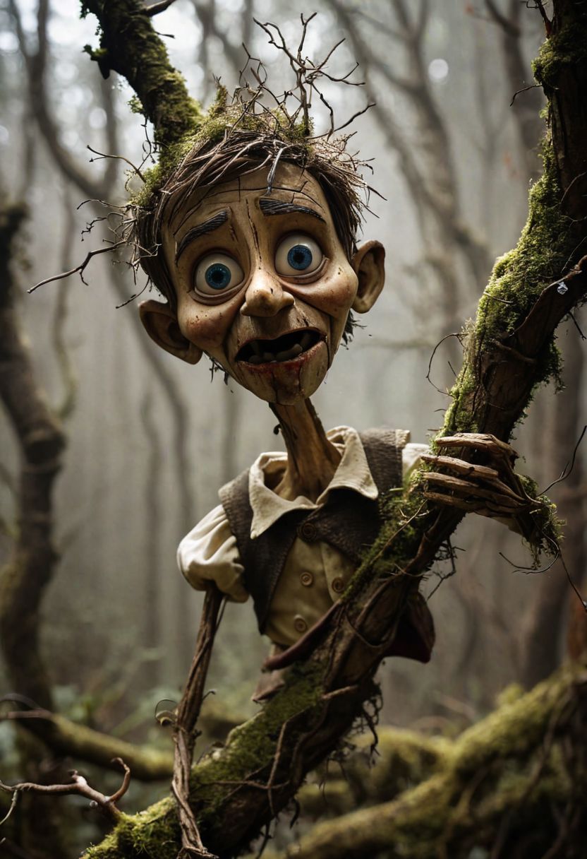 Pinocchio, monstrous puppet, gnarled branches, wooden limbs, trapped, dark fantasy, desperation, reaching, struggle, overgrown, decaying wood, splinters, moss, cobwebs, dramatic lighting, shallow depth of field