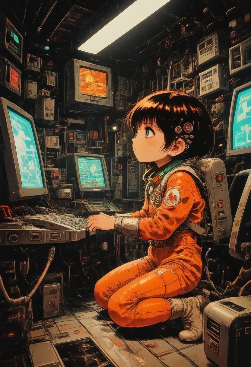 a small girl sitting in a chair working on a computer, sci-fi, side-view, wires, tubes, boxes, wearing sci-fi coveralls, ominous, dark, high contrast shadows, best quality, masterwork, perfect shading, vivid colors, reflections, deep shadows, dynamic composition, long shot, very detailed body, full body image, orange colored clothing, oil on ground,
