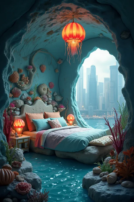 In a whimsical room inspired by The Little Mermaid a cozy bed carved from a large, smooth stone rises majestically from the depths of a turbulent ocean. The bed is adorned with seashell-patterned linens and shimmering fabrics that mimic the waves. Above, colorful jellyfish lamps cast a soft glow, illuminating the space with an enchanting light. Through the window, an ordinary cityscape of towering high-rise buildings can be seen, creating a surreal contrast to the underwater theme inside. Coral and seaweed accents blend with the decor, enhancing the sense of a mermaid's secret sanctuary amid a bustling urban environment.
