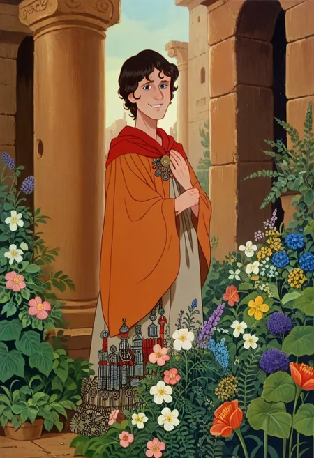 score_9, score_8_up, score_7_up, tlu, rating_safe, femboy, smile, solo, tunic, ancient rome, flowers