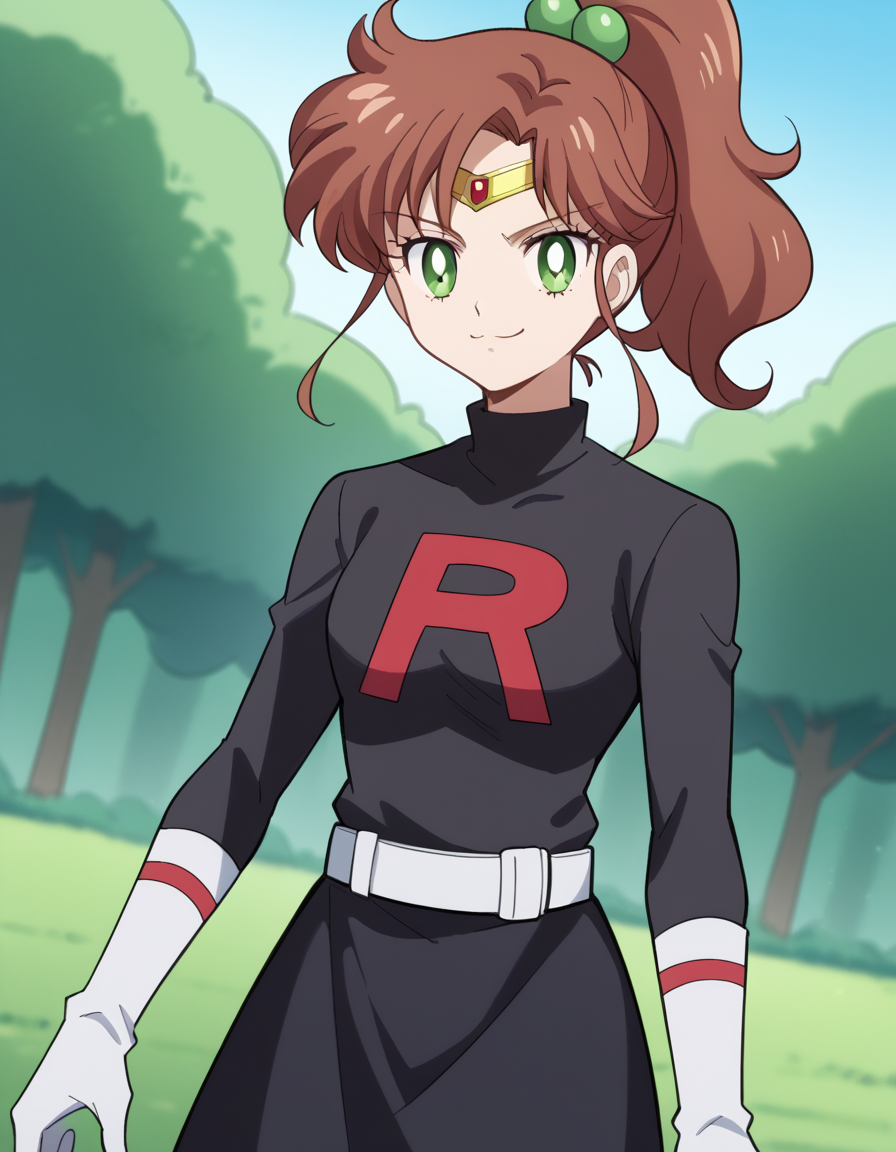 score_9, score_8_up, score_7_up, source_anime, <lora:makoto-kino-eternal-movie1-ponyxl-lora-nochekaiser_r1:1>, makoto kino, brown hair, circlet, green eyes, hair bobbles, hair ornament, medium hair, ponytail, sidelocks, parted bangs,, <lora:team-rocket-uniform-ponyxl-lora-nochekaiser:1>, team rocket uniform, black hat, black shirt, black skirt, white belt, white gloves, single letter,, smile, smug, v, outdoors,, cowboy shot, dutch angle, looking at viewer,