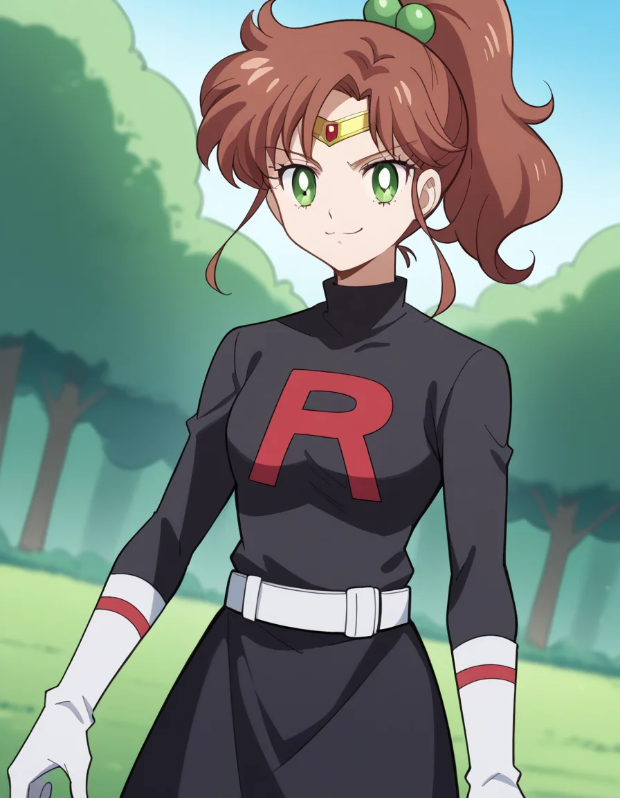 score_9, score_8_up, score_7_up, source_anime, <lora:makoto-kino-eternal-movie1-ponyxl-lora-nochekaiser_r1:1>, makoto kino, brown hair, circlet, green eyes, hair bobbles, hair ornament, medium hair, ponytail, sidelocks, parted bangs,, <lora:team-rocket-uniform-ponyxl-lora-nochekaiser:1>, team rocket uniform, black hat, black shirt, black skirt, white belt, white gloves, single letter,, smile, smug, v, outdoors,, cowboy shot, dutch angle, looking at viewer,