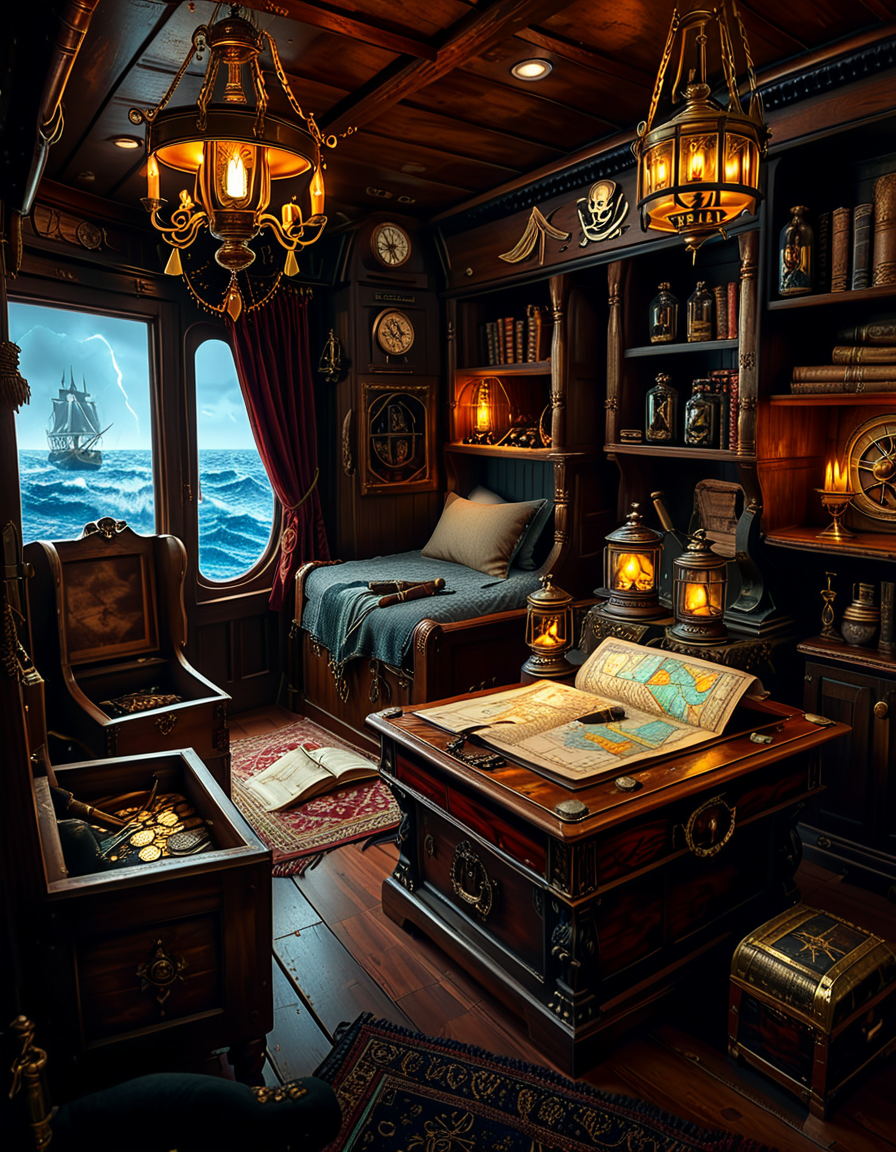 <lora:Captain_c4b1n:1>,Captain c4b1n
A richly detailed pirate captain's cabin aboard an 18th-century wooden ship. The room is dimly lit by flickering candlelight and a hanging oil lantern, casting warm golden glows on the dark oak walls. An ornate wooden desk sits at the center, covered with ancient, weathered maps, a golden compass, and scattered quills with ink bottles. A large, curved window at the back reveals the vast ocean under a moody, cloudy sky, with faint moonlight seeping in.
To the right, a massive wooden bookshelf filled with leather-bound books, nautical charts, and mysterious artifacts, some covered in dust. On the left, a polished mahogany chest with intricate carvings, partially open, revealing gold coins and shimmering gemstones. A grand captain's chair, upholstered in deep red velvet, sits behind the desk, exuding authority and power.
The wooden floor is rugged and slightly uneven, adorned with an old tattered rug. A cutlass and a flintlock pistol rest casually on the desk, while a pirate hat with a large feather hangs on the wall beside a mounted shipâs wheel. The atmosphere is both eerie and majestic, evoking the spirit of adventure and the mysteries of the sea.
<lora:SDXLFaeTastic2400:0.4> <lora:extremely_detailed:0.4> extremely detailed, Masterpiece,best quality,hi res,8k,hi res,8k,award winning,(sharp focus, intricate, highly detailed),