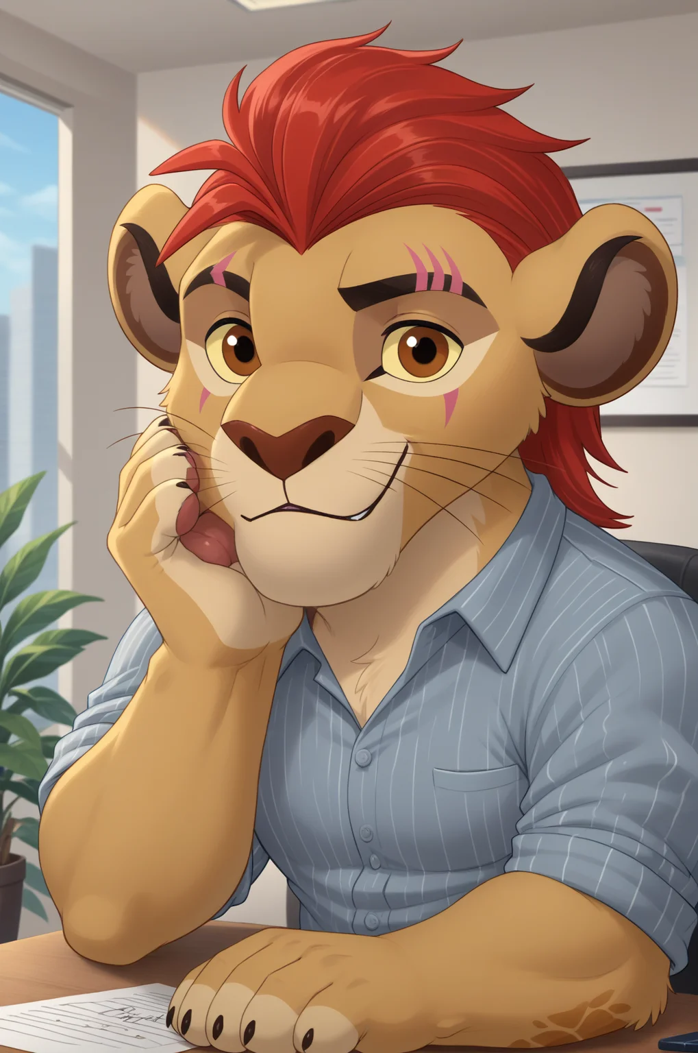 <lora:KionT-10:1>,score_9, score_8_up, score_7_up, male, Kion, Lion, brown eyes, yellow sclera, solo, anthromorphic body, detailed background, detailed background, Expressive, paws, paw_pads, solo, smile, (looking at viewer:1.3), sitting, sitting on desk, office, buff, grey shirt, dark brown pants, buff, close up on face, upper body