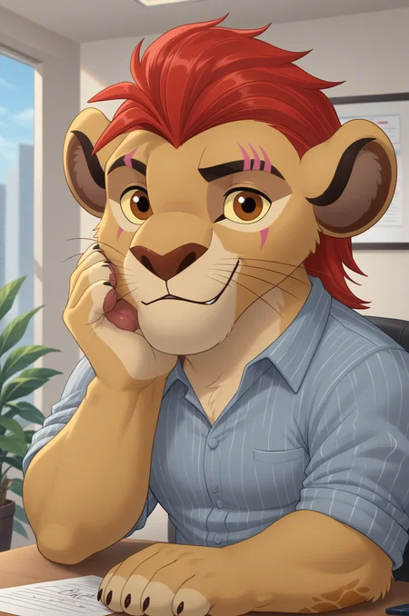 <lora:KionT-10:1>,score_9, score_8_up, score_7_up, male, Kion, Lion, brown eyes, yellow sclera, solo, anthromorphic body, detailed background, detailed background, Expressive, paws, paw_pads, solo, smile, (looking at viewer:1.3), sitting, sitting on desk, office, buff, grey shirt, dark brown pants, buff, close up on face, upper body
