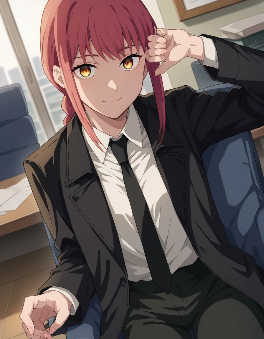 score_9, score_8_up, score_7_up, source_anime,
makima, <lora:chainsaw-man-makima-s1-ponyxl-lora-nochekaiser:1>
makima, long hair, smile, bangs, yellow eyes, braid, red hair, braided ponytail, ringed eyes,
shirt, long sleeves, jacket, white shirt, necktie, collared shirt, pants, black jacket, black pants, formal, suit, black necktie, shirt tucked in, office lady,
indoors, office, sitting, chair, smile,
looking at viewer, cowboy shot, dutch angle,