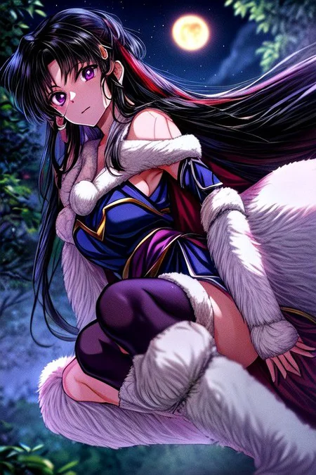 masterpiece, best quality 1girl Setsun4 solo long hair, (night time) forest background black hair very long hair purple eyes multicolored hair armor (fur trim) (medium body),<lora:EMS-179-EMS:0.800000>,<lora:EMS-293862-EMS:0.800000> cleavage, bracers, cape, fur boots