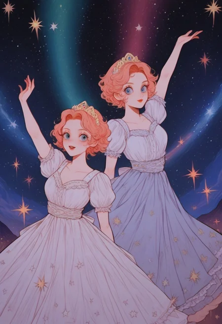 score_9, score_8_up, score_7_up,
masterpiece, best quality, detailed, amazing quality,
detailed background, night, stars, galaxy,
detailed eyes, clean eyes,
dynamic pose,
2women, multiple women,
easynegative,
dancing, happy, cute dress, frilly dress