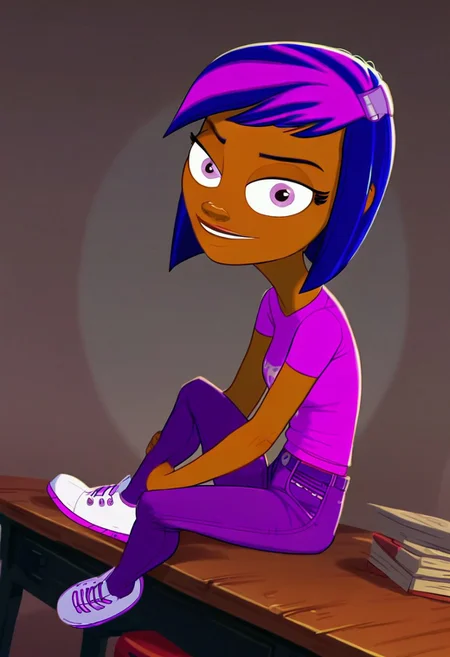 score_9_up, score_8_up, score_7_up, ThraKrplpls_RafA, 1 girl, solo, multicolored hair, blue hair, short hair, tan skin, pink t-shirt, purple denim jeans, white shoes, smiling, looking at viewer, sitting, sitting on desk, tall, tall height,
