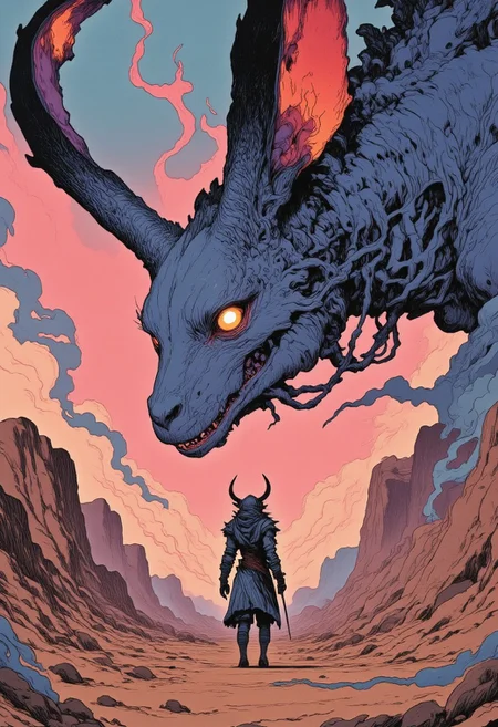 An atmospheric scenery amidst a desolate Desert, a knightess Stands Strong against a towering rabbit-dragon, a bleaked pink/orange sundawn melting the moody Air,