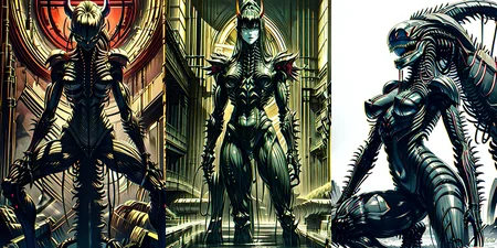 (otherworldly), highly insanely detailed, masterpiece, top quality, best quality, highres, 4k, 8k, RAW photo, (very aesthetic, beautiful and aesthetic),
__lazy-wildcards/cosplay-char/alien-predator/xenomorph/prompts__,
<lora:FemXeno:0.5>,
(1girl:1.3), eyes focus,
__lazy-wildcards/dataset/background__,âââ