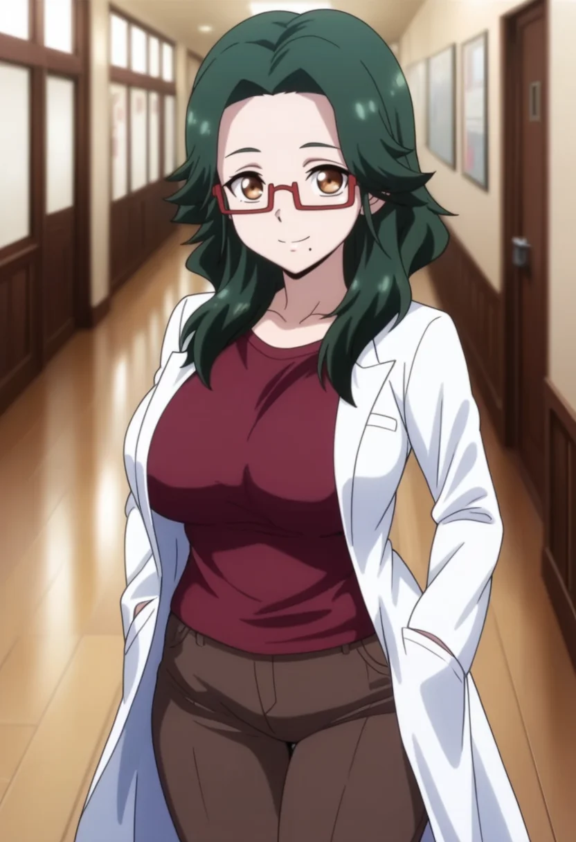 masterpiece, best quality, amazing quality,asari jiangma, brown eyes, green hair, long hair, glasses, mature female, mole under the lip, 1girl, breasts, semi-rimless eyewear,under-rim eyewear, solo,large breasts, red-framed eyewear, labcoat,maroon t-shirt,brown pants,closed mouth, smile, standing, looking at viewer, cowboy shot, indoors, hallway, blurry background <lora:asari jiangmaV1:0.9>