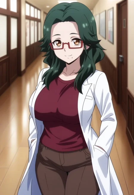 masterpiece, best quality, amazing quality,asari jiangma, brown eyes, green hair, long hair, glasses, mature female, mole under the lip, 1girl, breasts, semi-rimless eyewear,under-rim eyewear, solo,large breasts, red-framed eyewear, labcoat,maroon t-shirt,brown pants,closed mouth, smile, standing, looking at viewer, cowboy shot, indoors, hallway, blurry background <lora:asari jiangmaV1:0.9>