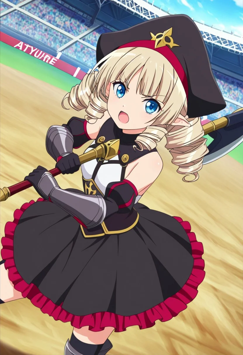 general,highres, ultra-detailed,very aesthetic,best quality ,best hands,best eyes,easynegative,
dynamic anglre, dutch angle, anime cloring,anime screencap,
1girl solo,looking at viewer,arena,outdoors, open mouth, holding axe,armor, gloves, fighting,
Yumir,blue_eyes, light bronze hair,drill hairs,black hat,small breasts,pointy ears,short body, petite,bare shoulders shirt, frills skirt,