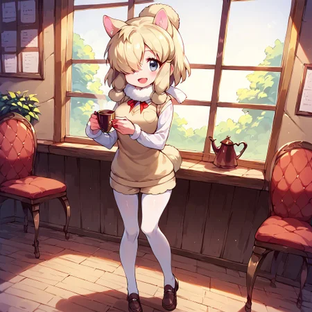 1girl, ((solo)), best quality, ultra-detailed, extremely detailed, perfect anatomy, masterpiece, score_9, score_8_up, score_7_up, Expressiveh, alpaca suri (kemono friends), alpaca ears, hair over one eye, bangs, blonde hair, grey eyes, sidelocks, hair tubes, hair bun, tail, short hair, horizontal pupils, fur scarf, white pantyhose, long sleeves, fur collar, fur trim, neck ribbon, white shirt, sweater vest, shorts, pantyhose, breast pocket, fur-trimmed sleeves, shoes, standing, open mouth smile, smile, cute, full body, cafe background, in a cafe, indoors, window with light, countertop, tables, chairs, dutch angle, contrapposto, full-length portrait, happy, eager, holding tea kettle,  looking at viewer, standing,