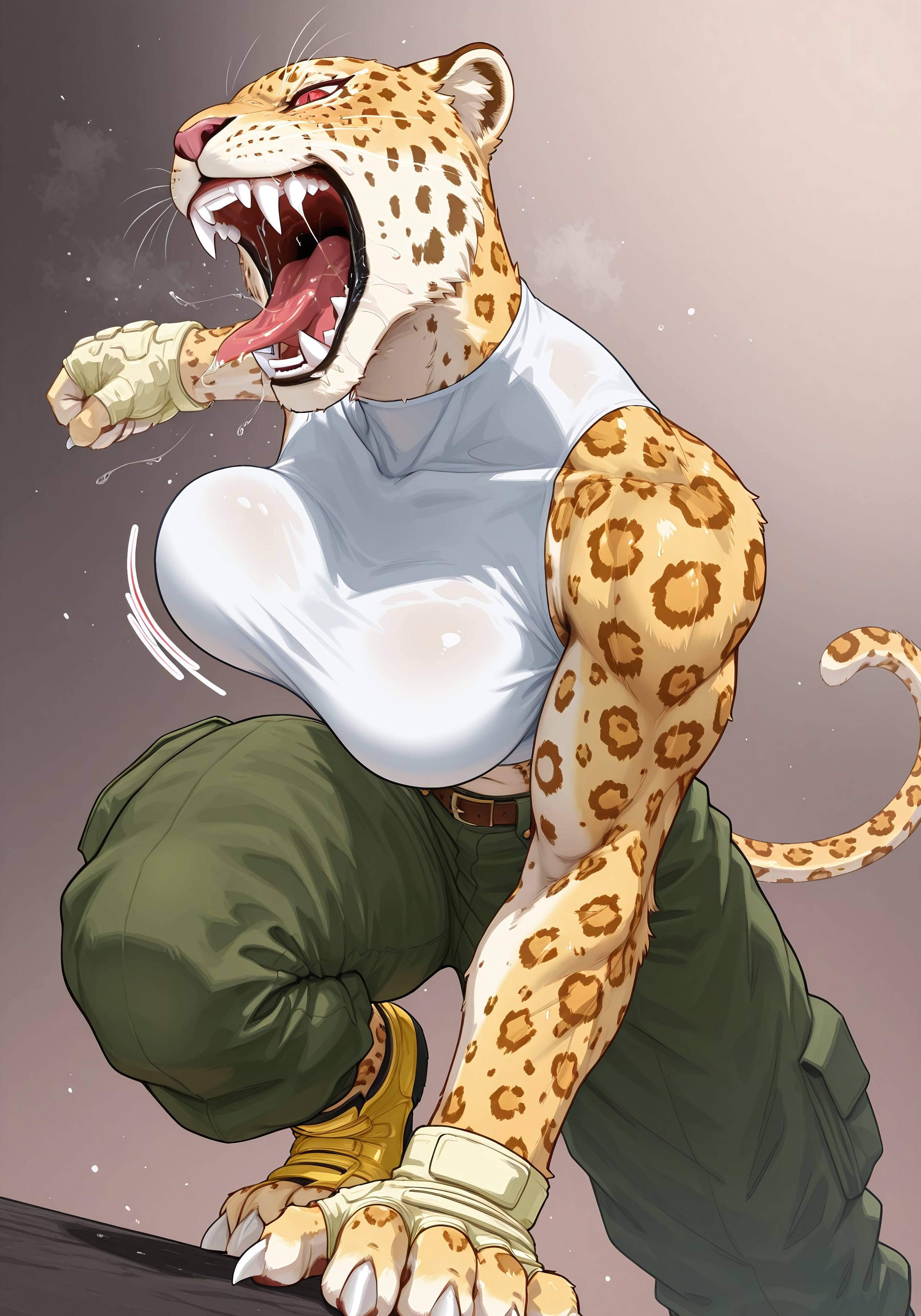 safe_pos, highres, absurdres, masterpiece, best quality, source_anime, ShinaBR2, furry, leopard, yellow fur, red eyes, vertical slit pupils, fangs, tail, white claws, three fingers, three toes, 1girl, solo, sexy, muscle, camouflage, collarbone, cleavage, large breasts, white crop top, midriff, sleeveless, bare shoulders, yellow fingerless gloves, navel, brown belt, green baggy pants, yellow combat boots, tongue out, saliva, heat, sweat, motion lines, motion blur, pov, looking at viewer, straight-on, dynamic pose, evil smile, open mouth, bouncing breasts