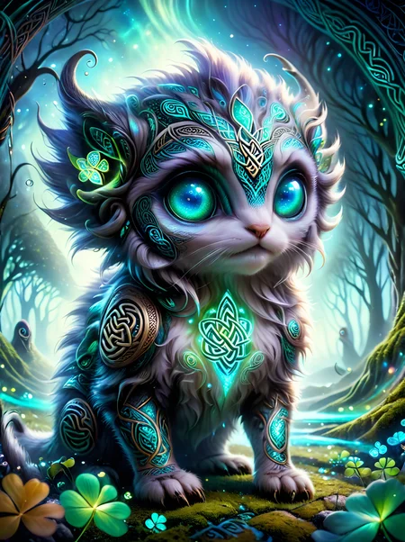A ((masterpiece)) wildlife photograph of a cute, furry alien creature with Celtic-inspired designs, bioluminescent iridescence, and surreal eyes, amidst an ethereal retro sci-fi setting, in Kodachrome color, ((UHD HDR10)), shot on Canon EOS R5 Worm's-eye view angle, <lora:ral-cltc:1> ral-cltc, <lora:perfect-eyes:1> perfecteyes
