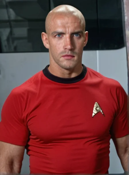 1boy, 20 year old male, Handsome, masculine, blonde, star trek, red shirt, muscle, tall, tight shirt, wide pectorals, big shoulders, wide shoulders, muscular neck, German, bald,
stunf, star trek uniform,