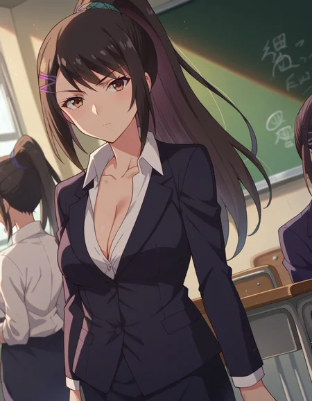 score_9, score_8_up, score_7_up, source_anime,
saechabashira, <lora:sae-chabashira-s2-ponyxl-lora-nochekaiser:1>,
sae chabashira, long hair, black hair, hair ornament, brown eyes, ponytail, hairclip,
shirt, cleavage, collarbone, jacket, white shirt, formal, suit, skirt, pencil skirt,
indoors, classroom,
looking at viewer, cowboy shot, dutch angle,