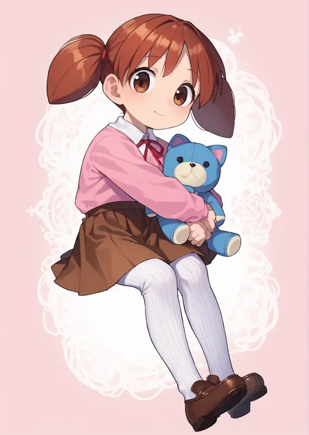 score_9, score_8_up, score_7_up, score_6_up, source_anime, zPDXL, <lora:ALTXL_pony_0061_8:2>, BREAK
1girl, solo, <lora:Mihama_Chiyo_Chiyo-Chan:0.9> chiyo, twintails, Auburn hair, brown eyes, short twintails, little girl, child, cuddling a plush toy, cozy, school uniform, brown loafers, brown skirt, pink shirt, red ribbon, neck ribbon, <lora:Cotton_Tights:1> ribbed tights, white tights,