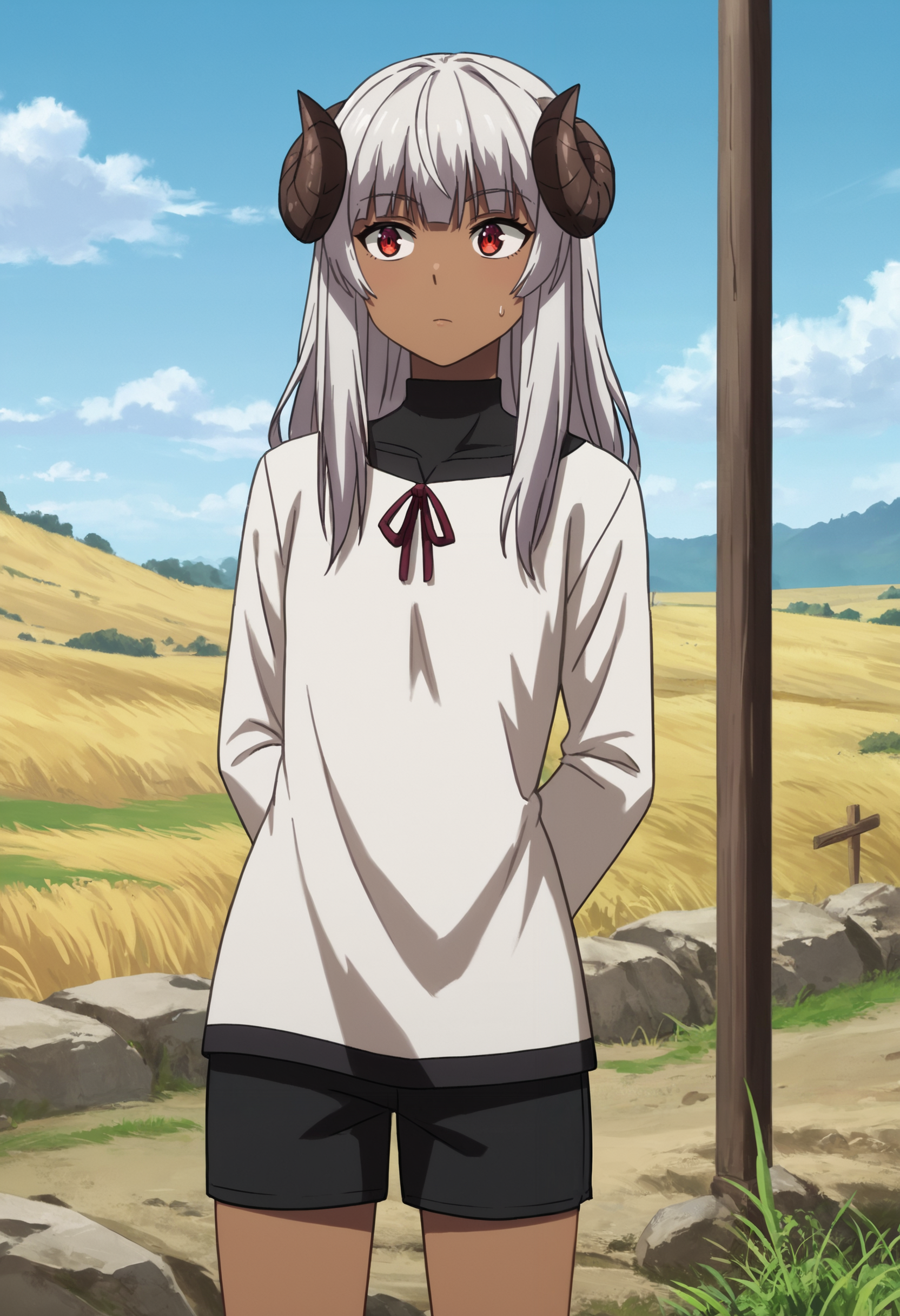 zPDXL, source_anime, 1girl, 
felm, horns, dark-skinned female,
white dress, black shorts, long sleeves, 
standing, cowboy shot, arms behind back, 
outdoors, blue sky,
<lora:felm-pony-kohya6-000008:0.6>