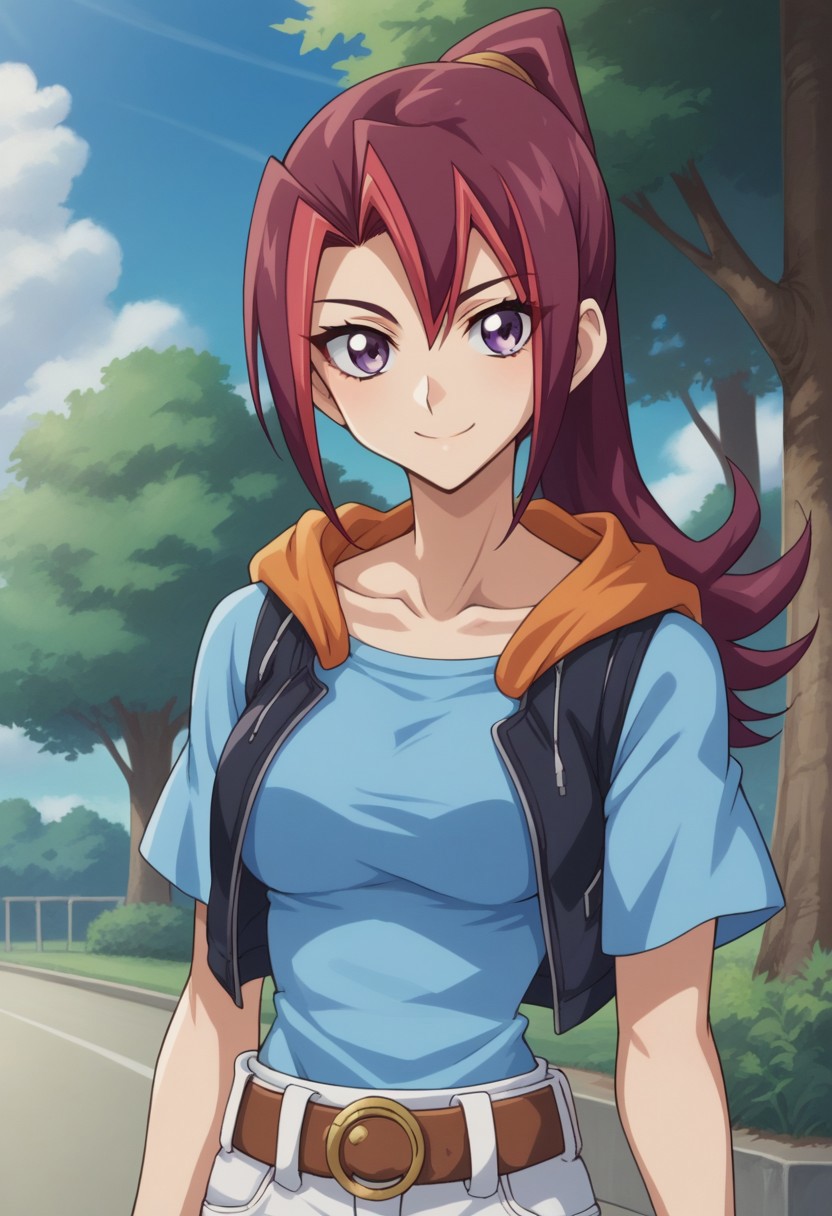 score_9, score_8_up, score_7_up, source_anime, highly detailed,
KariTsukumo, 1girl, solo, purple eyes, smile, multicolored hair, two-tone hair, long hair,
red hair, shirt, ponytail, looking at viewer, blue shirt, belt, hood,
short sleeves, purple hair, bangs, upper body, collarbone, hoodie, vest,
breasts,
outdoor, sky, tree