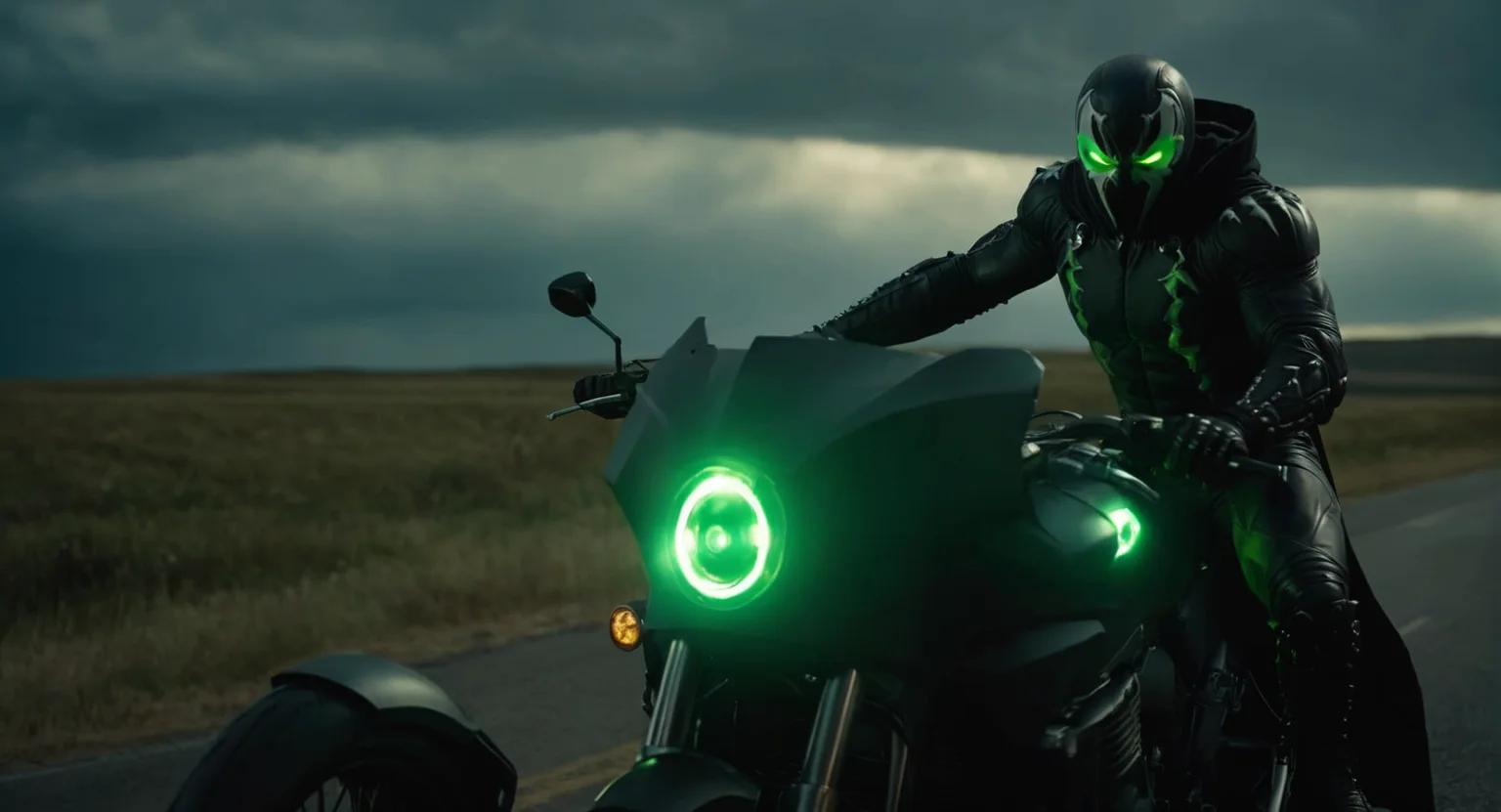 Dark Moody Atmosphere, (Cinematic Film stock footage style) in (arri alexa style) (Kodak film print style),
 <lora:Spawn:1>
Spawn a man in a black living symbiotic costume suit standing next to a motorcycle with a glowing green eyes, dramatic, mysterious, dark moody atmosphere
